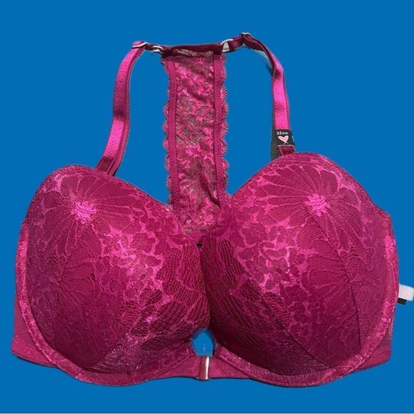 Victoria’s Secret Push Up Padded Racerback front closure lace bra magenta 32DD - Picture 3 of 3